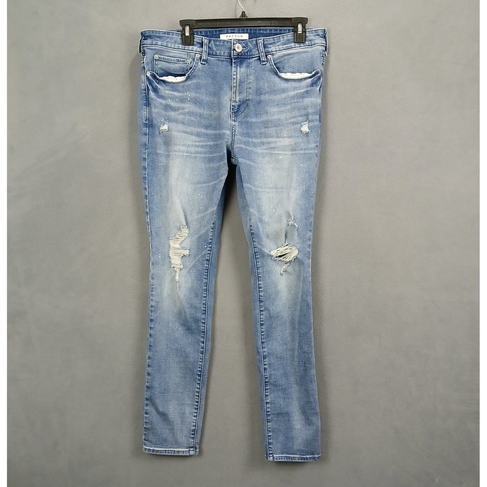 Pacsun Stacked Skinny Jeans Mens 32x30 Blue Denim Distressed Everyday Wear